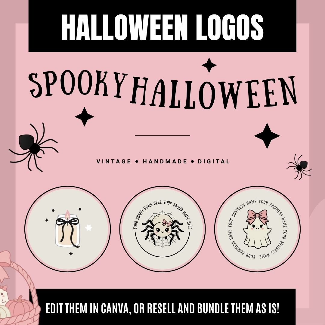 Editable coquette-style Halloween logo templates for Canva, featuring cute spooky designs that can be customized or resold as-is by digital product business owners.
