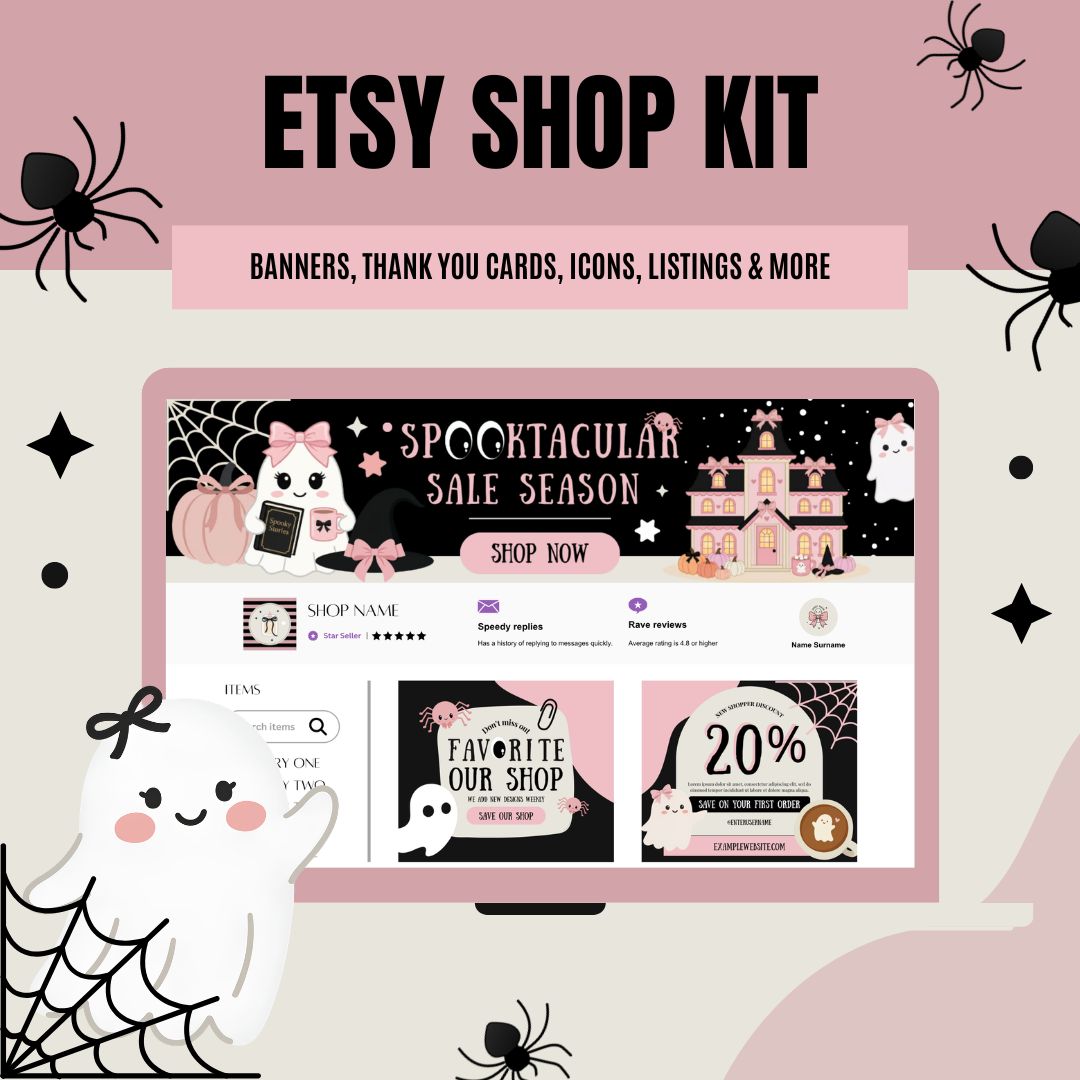 Coquette Halloween Etsy shop branding kit including banners, thank you cards, and listing templates for a complete shop refresh, editable in Canva.