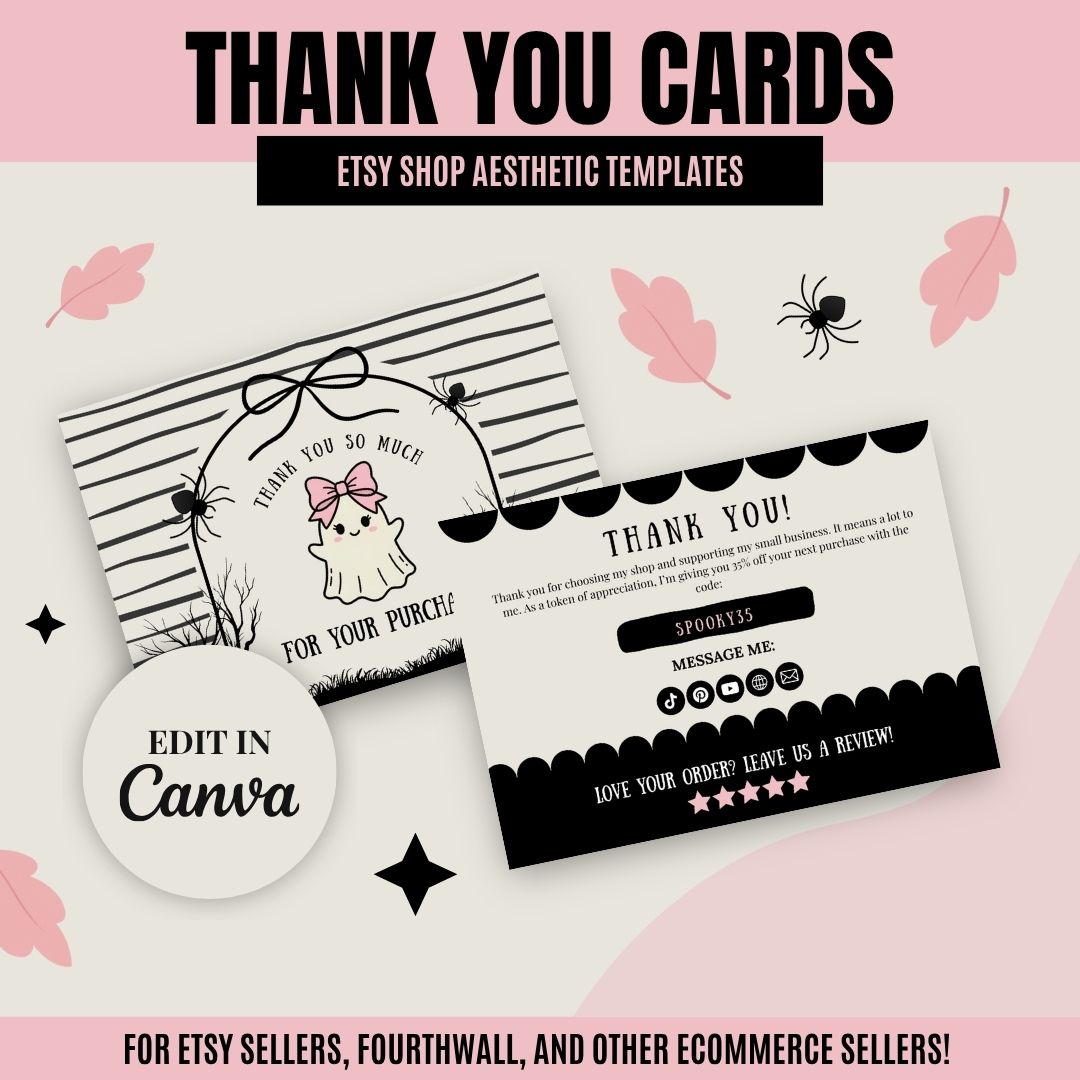 Editable coquette-style Halloween thank you card templates for Etsy and ecommerce sellers, customizable in Canva to include discount codes and social media links.