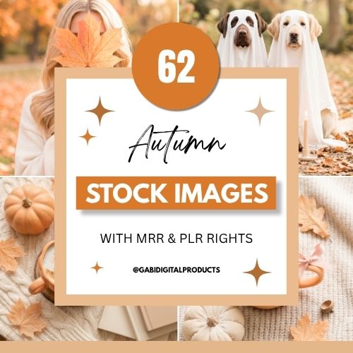 A promotional graphic for a collection of 62 autumn-themed images, featuring cozy seasonal elements and dogs in ghost costumes.