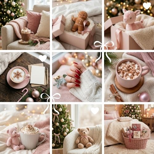 A grid showcasing a cozy Christmas aesthetic in shades of pink, featuring hot cocoa, holiday decorations, and gift-wrapping scenes.