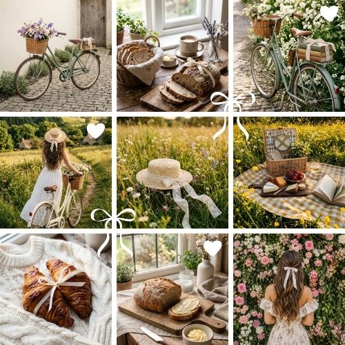 A collection of aesthetic, cottagecore-inspired images featuring bread, bicycles, and flowers, perfect for use as done for you resell rights stock photos.