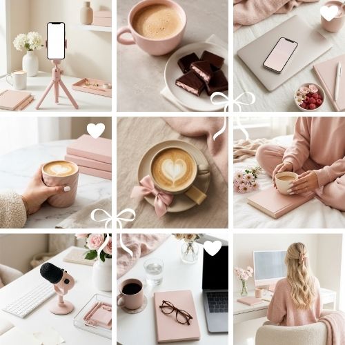 A curated grid of feminine, soft-pink lifestyle imagery featuring coffee, workspace setups, and cozy elements.