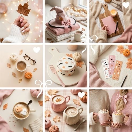 A curated grid of pastel-themed Halloween and autumn lifestyle images, featuring cozy seasonal treats, witch hats, and pumpkins.