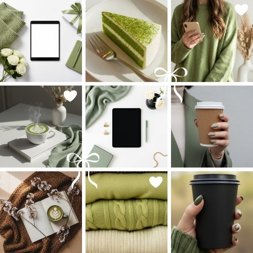 A collage showcasing a matcha green aesthetic, featuring done for you resell rights stock photos of coffee, cozy knits, and tech mockups.