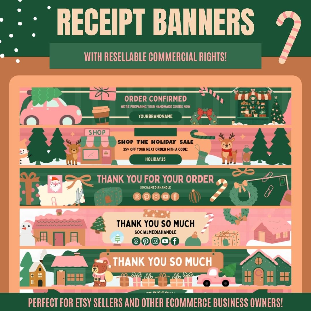 Receipt banners promotional graphic featuring five holiday-themed banner templates with festive designs including order confirmation, holiday sales, and thank you messages, set against a brown and green background with snow dots and a candy cane