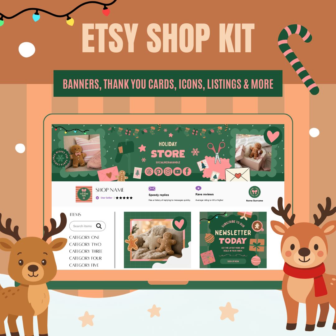 Etsy shop kit promotional graphic featuring a computer screen preview displaying an online shop layout with holiday banners, icons, and product listings, set against a tan and white striped background decorated with two cartoon reindeers, a candy cane, string lights, and snow dots, with text reading ETSY SHOP KIT and BANNERS, THANK YOU CARDS, ICONS, LISTINGS & MORE