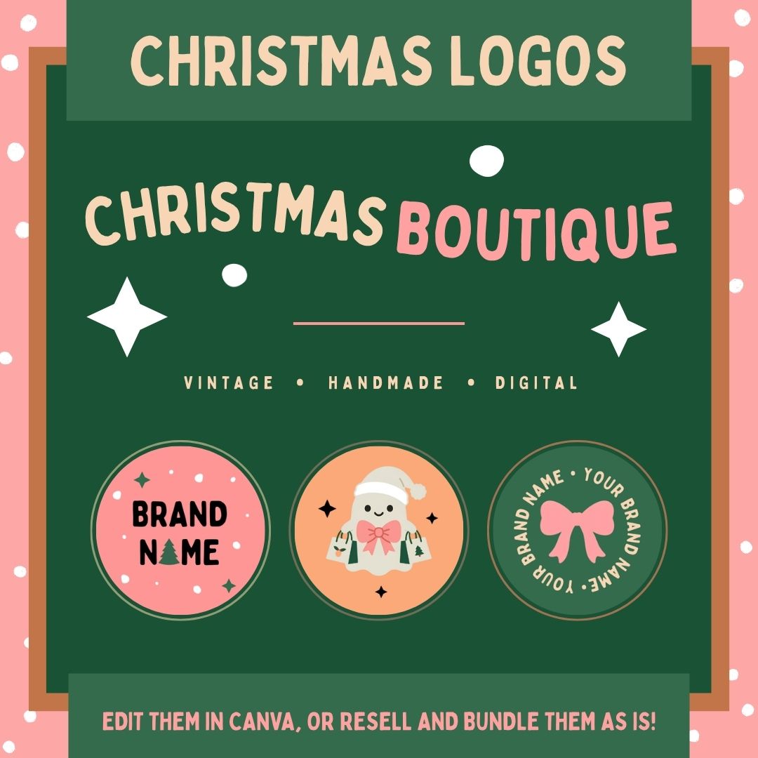 Christmas logos promotional graphic featuring three round holiday logo templates showcasing a pink background with a Christmas tree, a ghost wearing a Santa hat and a bow, and a pink ribbon motif, set against a dark green background decorated with white stars and snow dots