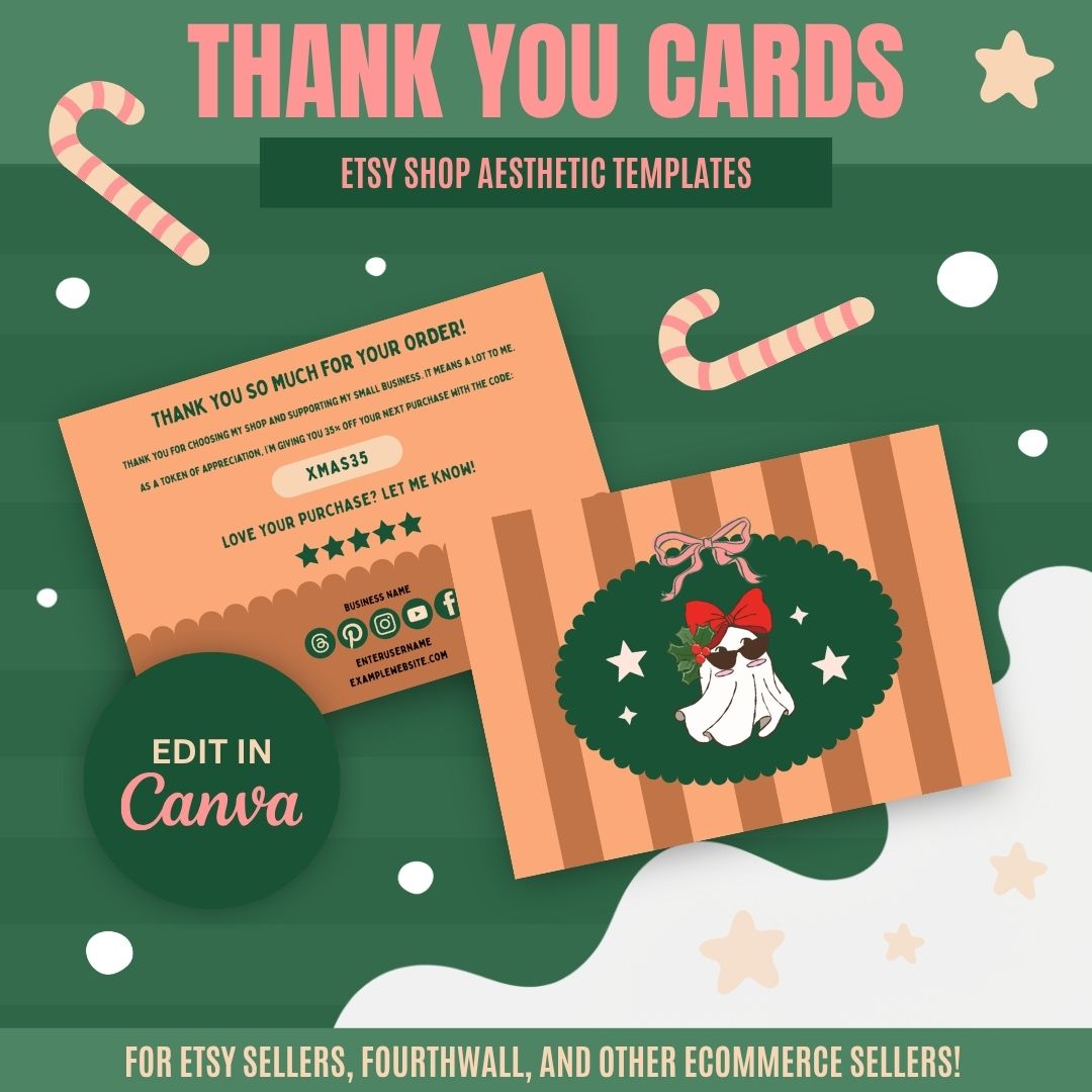 Christmas thank you cards promotional graphic featuring a preview of two customizable card templates with a cute ghost wearing a red bow and sunglasses inside a festive green wreath on the front and a 35% off discount code (XMAS35) with social media icons on the back, set against a dark green striped background decorated with candy canes, stars, and snow dots