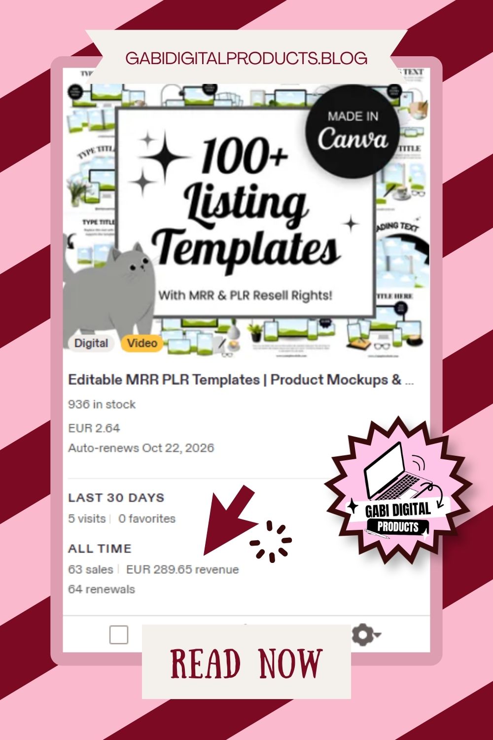 An e-commerce product listing preview for "100+ Listing Templates" with MRR & PLR resell rights from Gabi Digital Products, featuring a gray cat graphic, sales stats showing EUR 289.65 in revenue, a red pointing arrow, and a "READ NOW" button overlay.
