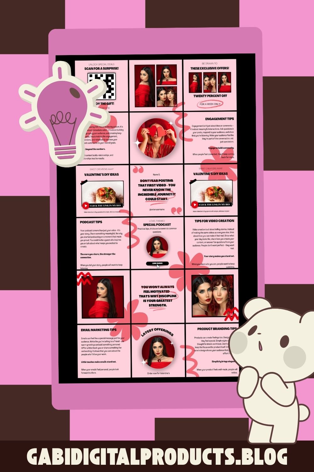 This graphic from GabiDigitalProducts features a grid of instructional social media tiles—covering topics like engagement, podcasting, video creation, email marketing, and product branding, set against a pink background. The image includes a stylized lightbulb illustration on the left and a cute bear character on the right, with the brand's URL, gabidigitalproducts.blog, displayed at the bottom.