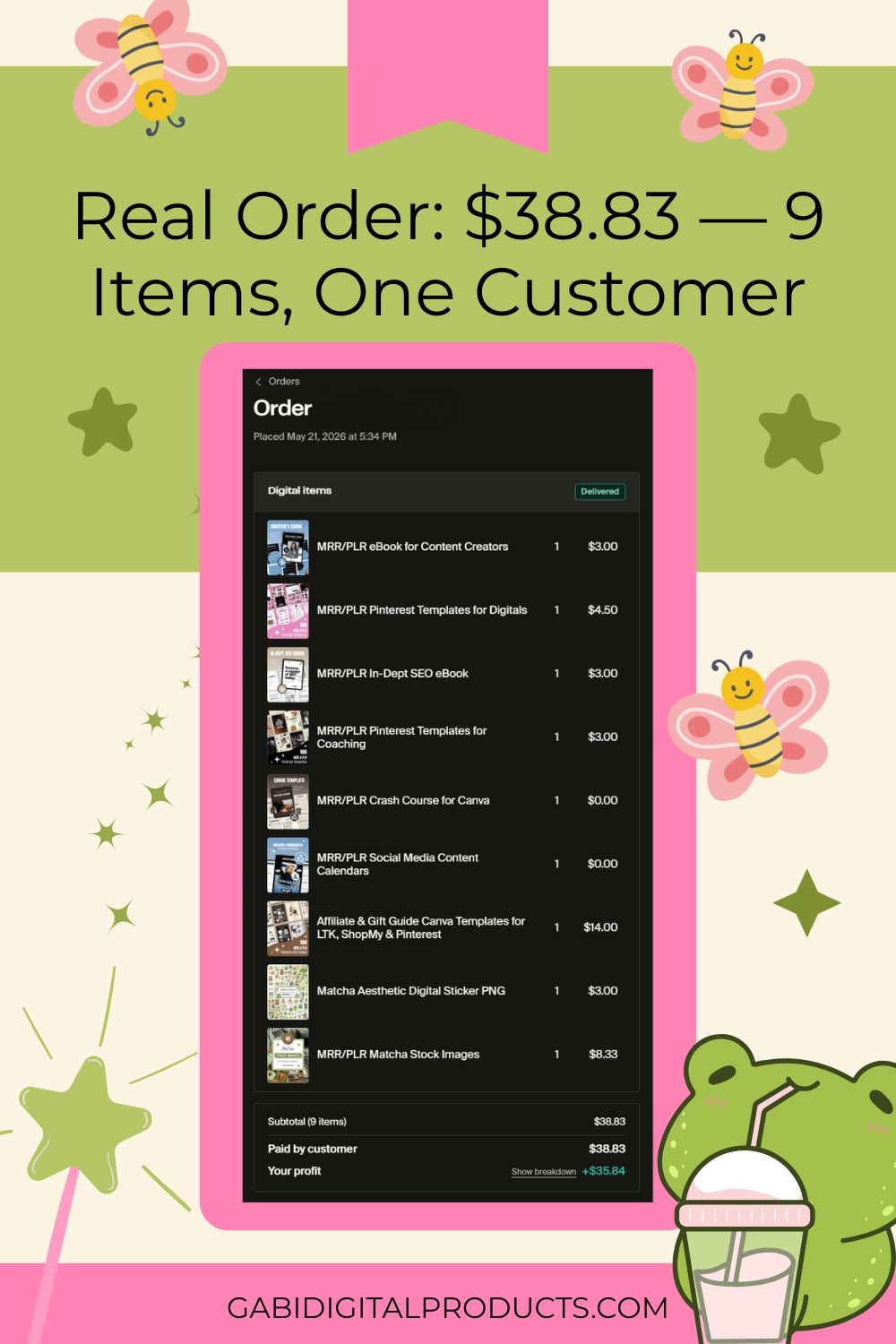 A digital graphic with a pink and green background decorated with illustrations of butterflies, stars, and a frog drinking from a cup. The central image shows a smartphone screenshot of an order summary for nine items, totaling $38.83. The list of digital products purchased includes various MRR/PLR ebooks, Pinterest templates for different niches, Canva crash course and social media calendars, affiliate and gift guide templates, and matcha-themed digital stickers and stock images. The website URL, GABIDIGITALPRODUCTS.COM, is displayed at the bottom.