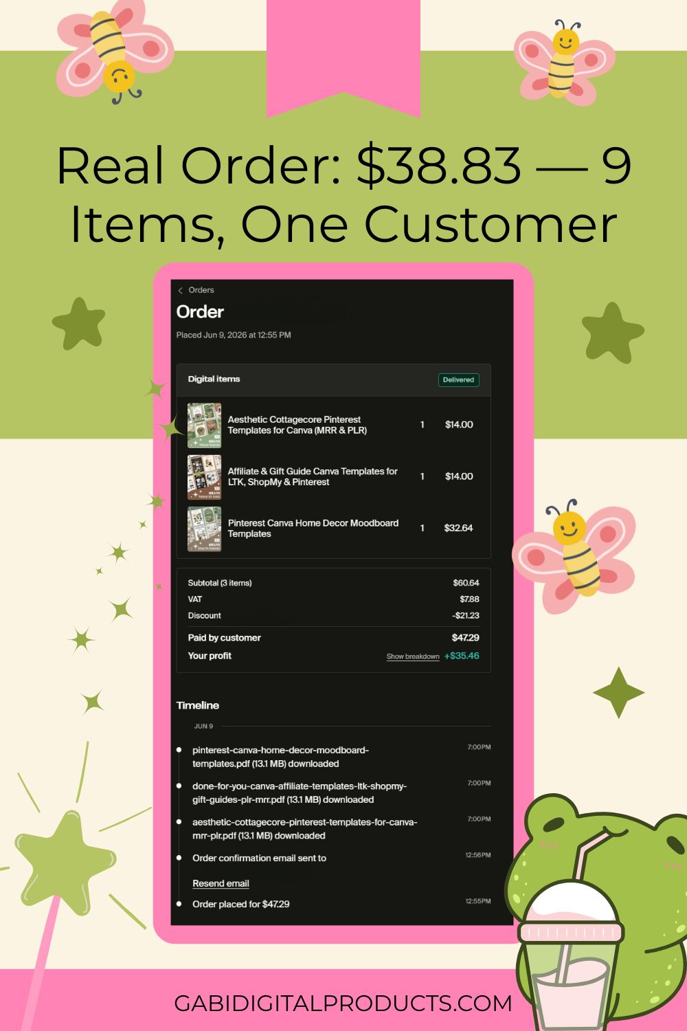 A digital graphic with a pink and green background decorated with illustrations of butterflies, stars, and a frog drinking from a cup. The central image shows a smartphone screenshot of an order summary for nine items, totaling $38.83. The list of digital products purchased includes various MRR/PLR ebooks, Pinterest templates for different niches, Canva crash course and social media calendars, affiliate and gift guide templates, and matcha-themed digital stickers and stock images. The website URL, GABIDIGITALPRODUCTS.COM, is displayed at the bottom.