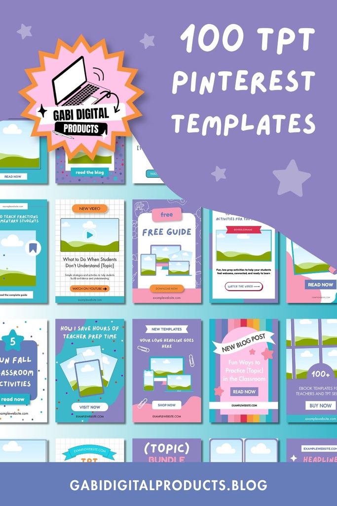 A promotional grid displays multiple vertical Pinterest templates featuring educational and teacher-themed designs in purple, turquoise, and pink, showcasing some of the best Pinterest templates for TPT sellers. At the top, bold white text reads "100 TPT Pinterest Templates," accompanied by an orange starburst badge labeled "Gabi Digital Products," with the website "gabidigitalproducts.blog" at the bottom.