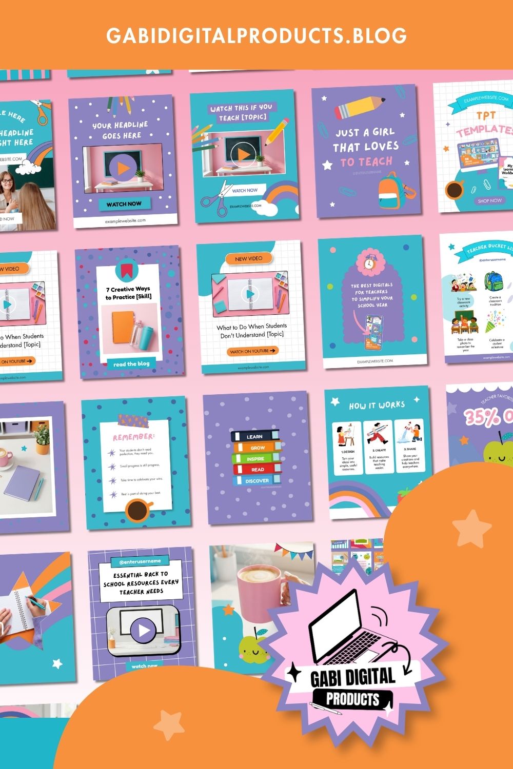 Aesthetic Instagram templates for teachers - colorful teal, purple, and orange school-themed template collection preview
