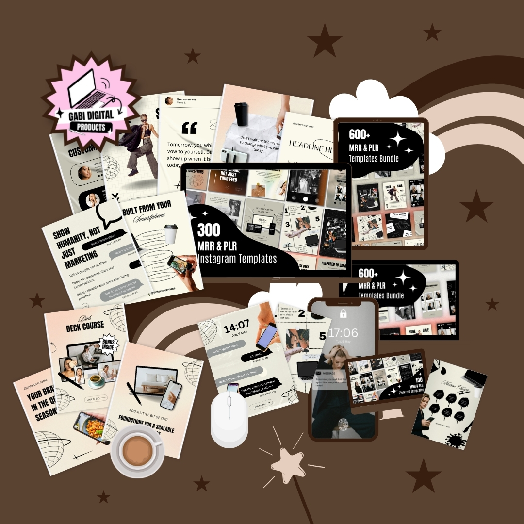 Bundle of MRR and PLR digital marketing templates for reselling — Canva templates, eBooks, and more.