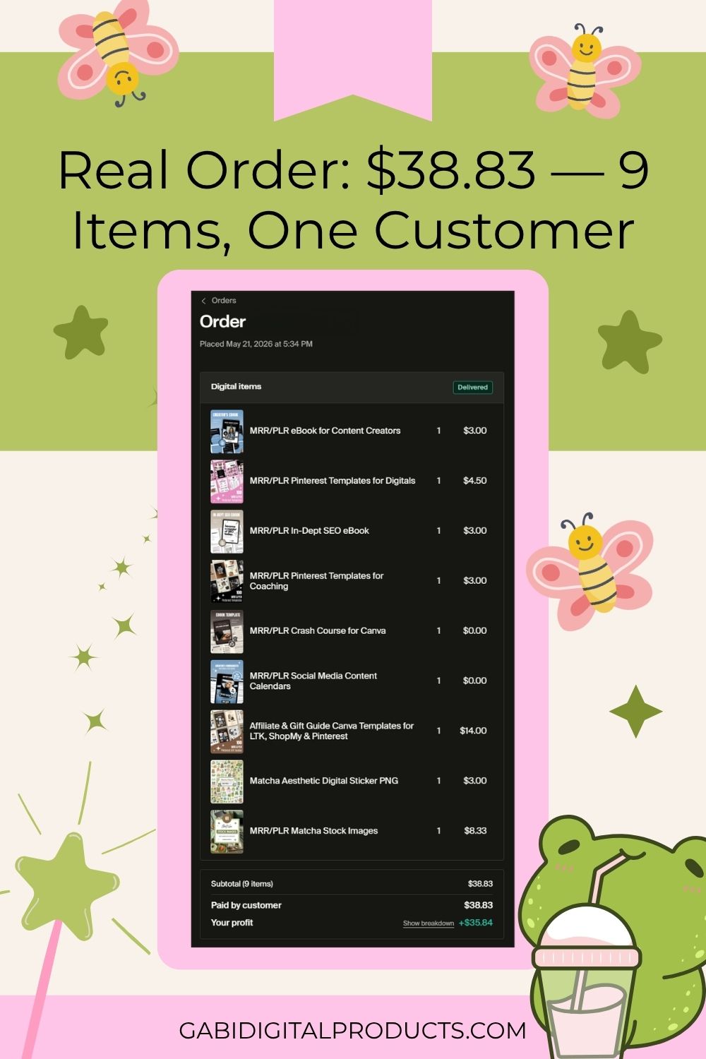 Screenshot displaying a digital product order totaling $38.83 for 9 items, proving that you can make money selling PLR and MRR digital products.