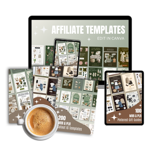 Affiliate marketing templates to edit in Canva, including 200 MRR & PLR Cutout IG Templates and 100 MRR & PLR Pinterest Gift Guides in a neutral aesthetic.