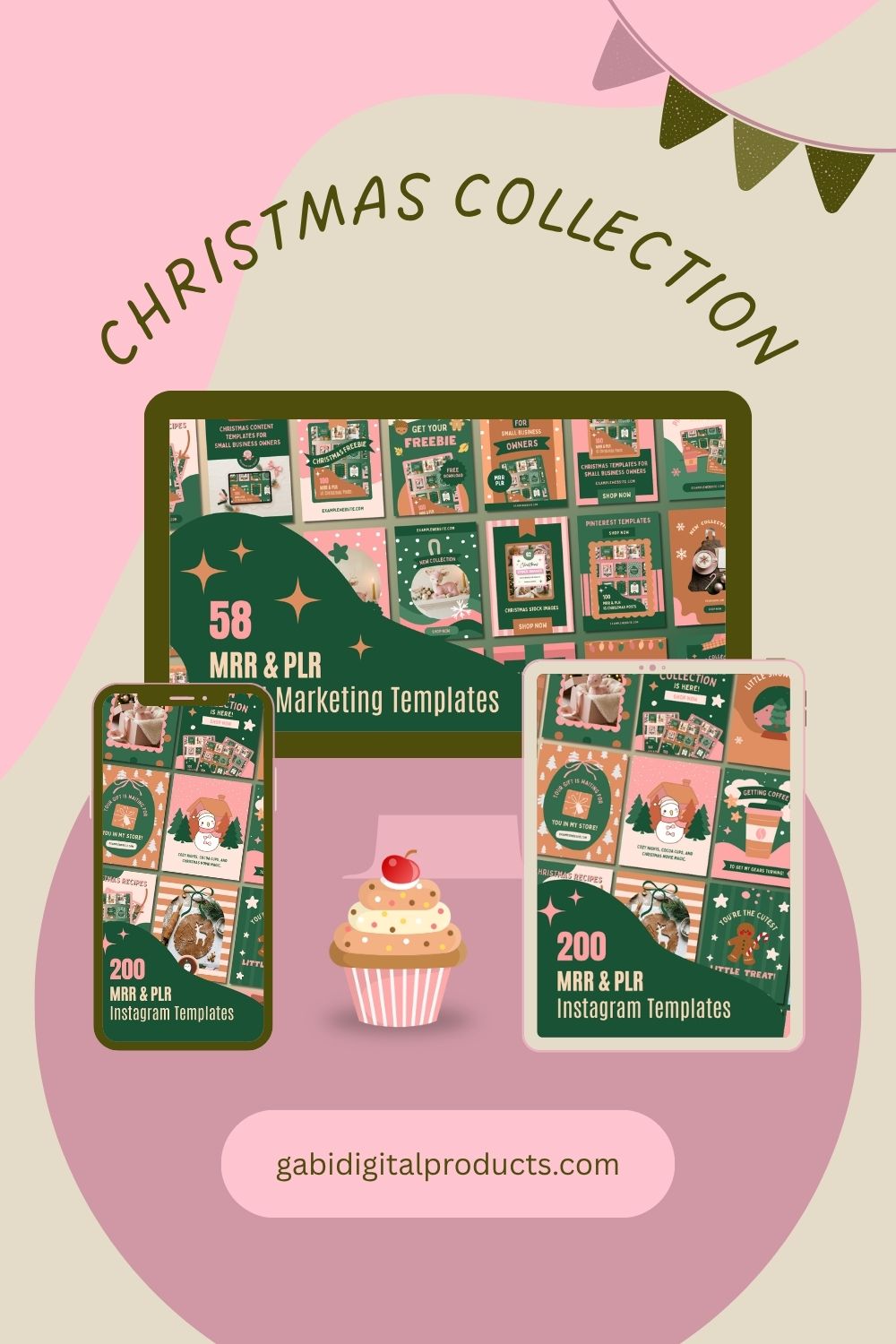 Collage of 200 Christmas Instagram post templates in pink, deep green, terracotta, and cream, with MRR and PLR resell rights included