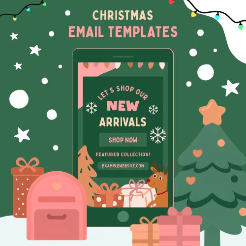 A festive, paper-cutout style Christmas email template design against a dark green backdrop with twinkling string lights, falling snowflakes, and stars. A central smartphone mockup displays holiday graphics and text reading 'Let's shop our new arrivals,' surrounded by cute gift boxes, a pink mailbox with a stocking, and a decorated Christmas tree.