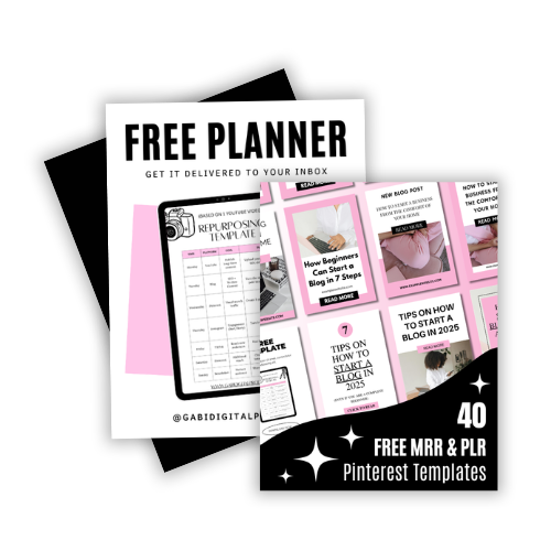 A promotional graphic featuring two overlapping digital document mockups. The background page is a "FREE PLANNER" opt-in sheet displaying a tablet preview of a repurposing schedule template. The foreground card is a dark black panel with sparkling star accents that reads "40 FREE MRR & PLR Pinterest Templates," showcasing a grid of pink and white blog post pin designs with titles like "How Beginners Can Start a Blog in 7 Steps" and "Tips on How to Start a Blog in 2025."