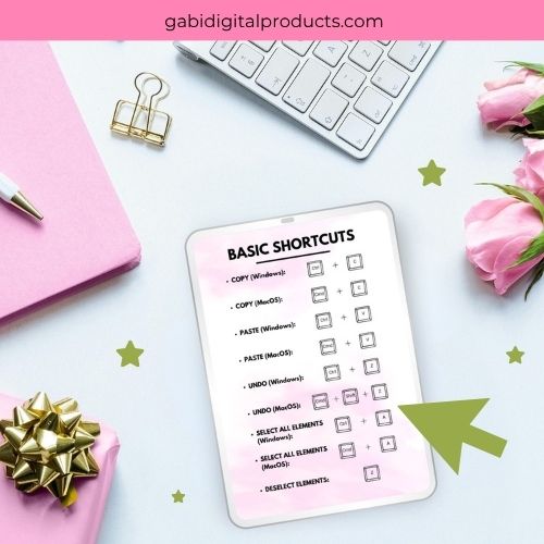 Free MRR & PLR basic keyboard shortcuts cheat sheet flat lay with pink and olive green styling