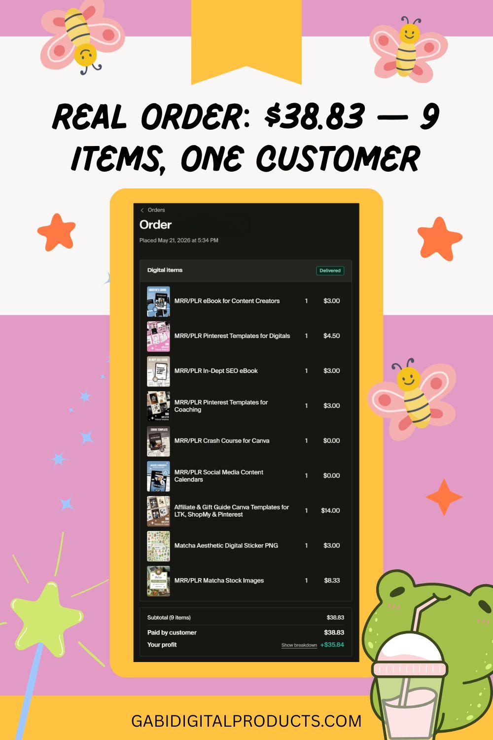 An e-commerce sales receipt graphic for GABIDIGITALPRODUCTS.COM displaying a real order of 9 items totaling $38.83 from a single customer on May 21, 2026, featuring various MRR/PLR eBooks, Canva templates, and digital stickers.