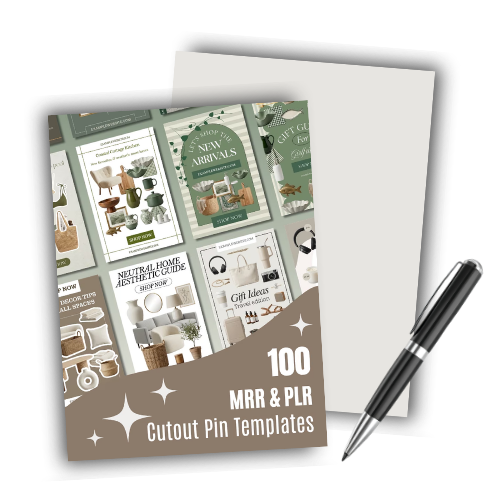 100 MRR & PLR Cutout Pin Templates featuring neutral aesthetic home and gift guide designs for LTK and ShopMy creators.