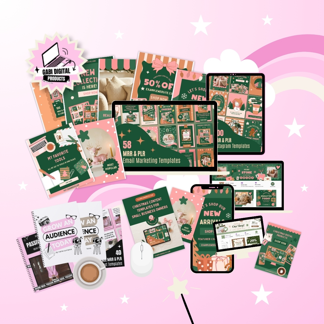 A promotional mockup graphic on a pink background featuring various digital marketing templates, social media layouts, email marketing templates, and planners from Gabi Digital Products in a festive green, peach, and white color scheme, displayed across laptops, tablets, phones, and printed pages alongside a computer mouse and coffee cup.