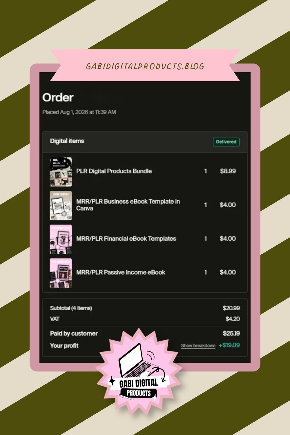 Blog graphic for gabidigitalproducts.blog displaying a digital order receipt from Aug 1, 2026, for four items totaling $25.19, including a PLR Digital Products Bundle and MRR/PLR eBook templates.