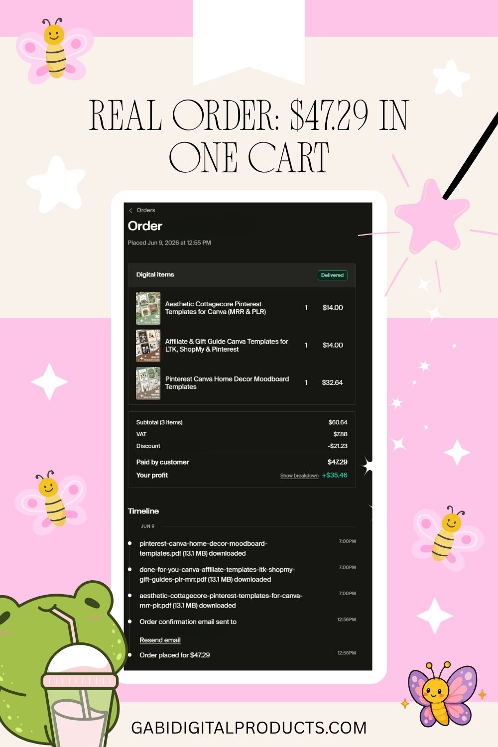 Screenshot displaying a digital product order totaling $47.29 for 3 items, showing a customer download timeline for MRR and PLR Canva templates.