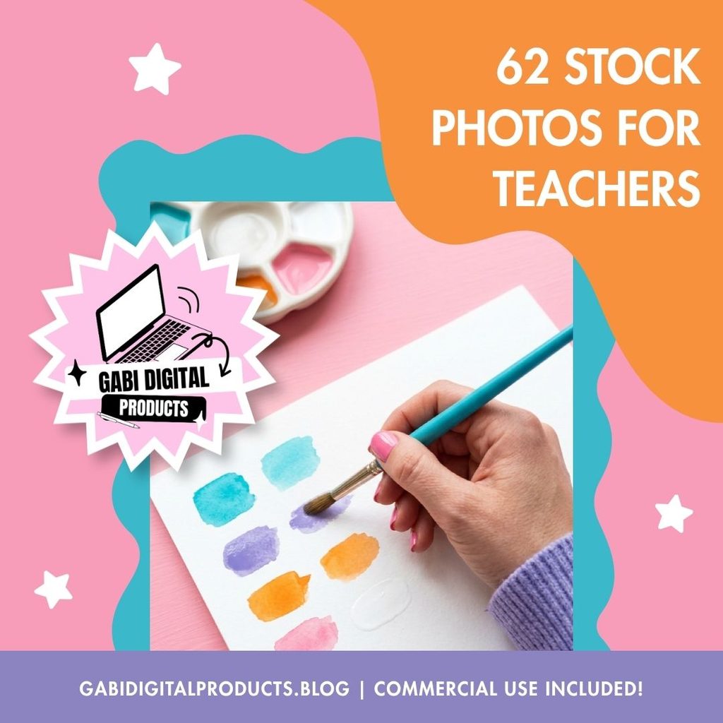 A close-up photograph, framed within a graphic overlay, shows a hand with pink nail polish and a purple sweater sleeve holding a teal paintbrush. The brush is applying purple watercolor to one of several colored swatches on white paper. Above the paper is a pink and white starburst graphic with an icon of an open laptop and the text "GABI DIGITAL PRODUCTS". In the upper right, against an orange background with white stars, is the text "62 STOCK PHOTOS FOR TEACHERS". A purple banner across the bottom contains the text "GABIDIGITALPRODUCTS.BLOG | COMMERCIAL USE INCLUDED!". The entire composition has pink and teal decorative border elements.