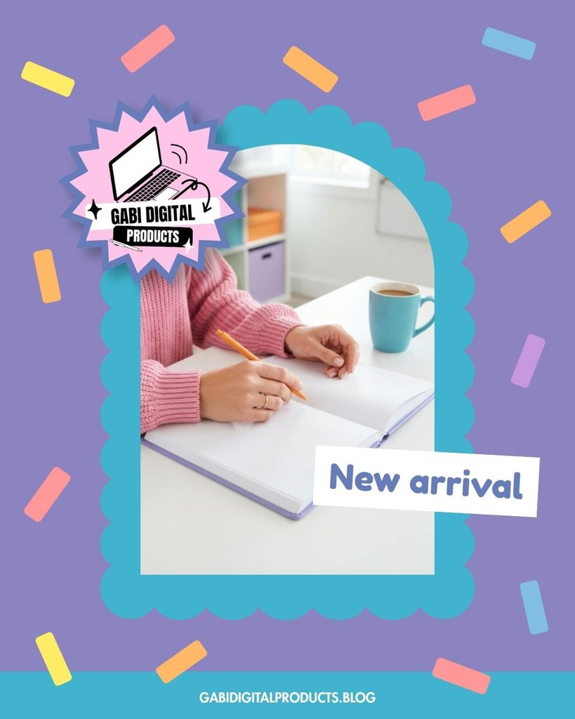 A promotional graphic on a purple background with scattered colorful confetti shapes. A photograph of a person in a pink knit sweater writing in an open notebook with a yellow pencil is framed in a teal scalloped border. A blue mug sits on the table in the background of the photo. In the upper-left corner is a pink and white starburst shape with an icon of a laptop and the text "GABI DIGITAL PRODUCTS". In the lower-right corner, a white rectangle with blue text reads "New arrival". At the very bottom, a teal bar contains the text "GABIDIGITALPRODUCTS.COM".