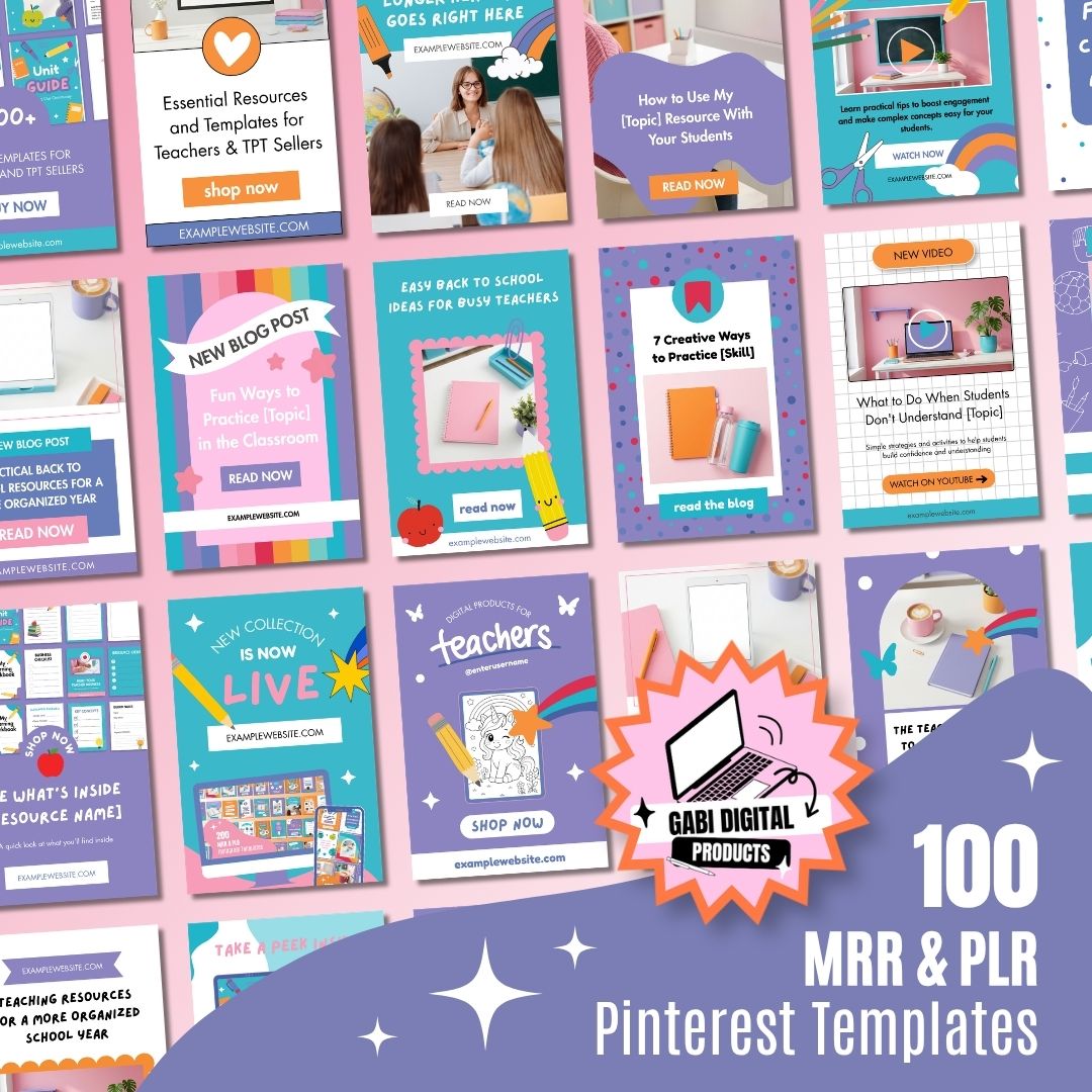 Canva Pinterest pin templates bundle for TPT sellers featuring 100 editable teacher marketing designs