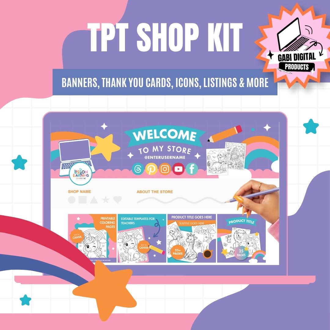 TPT shop kit Canva templates bundle including store banner, listing covers, and thank you cards