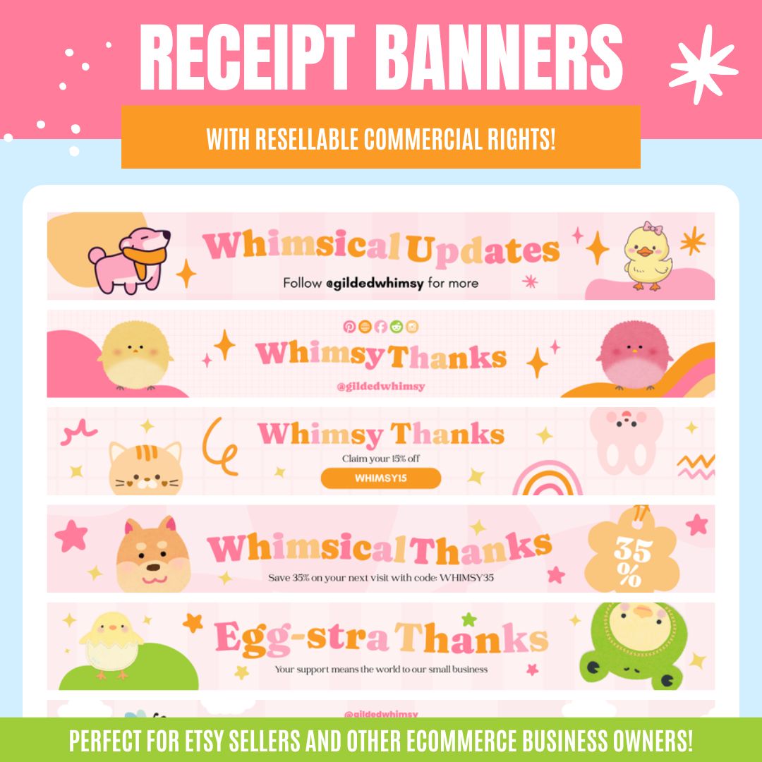 Garden-themed Etsy receipt banner templates with floral and nature illustrations, with resellable commercial rights.