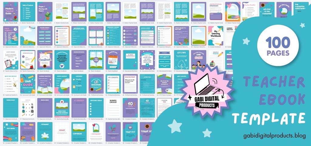 A grid preview of 100 colorful teacher ebook page templates next to a teal overlay reading "100 PAGES TEACHER EBOOK TEMPLATE" with a star-burst badge featuring the "GABI DIGITAL PRODUCTS" laptop logo and the website link "gabidigitalproducts.blog".