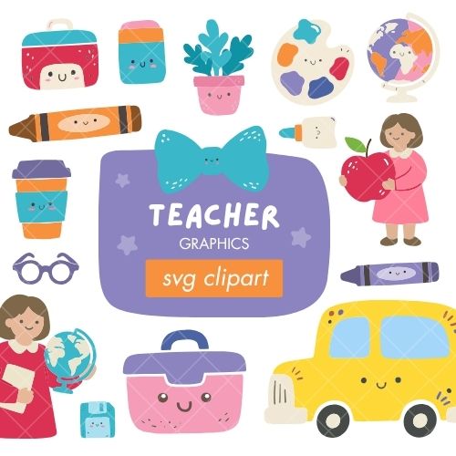 Cute kawaii teacher SVG clipart collection featuring pastel school supplies, a yellow school bus, lunchboxes, books, a globe, and female teachers holding an apple and a globe on a white background with a central purple badge reading 'Teacher 40 Graphics SVG Clipart'