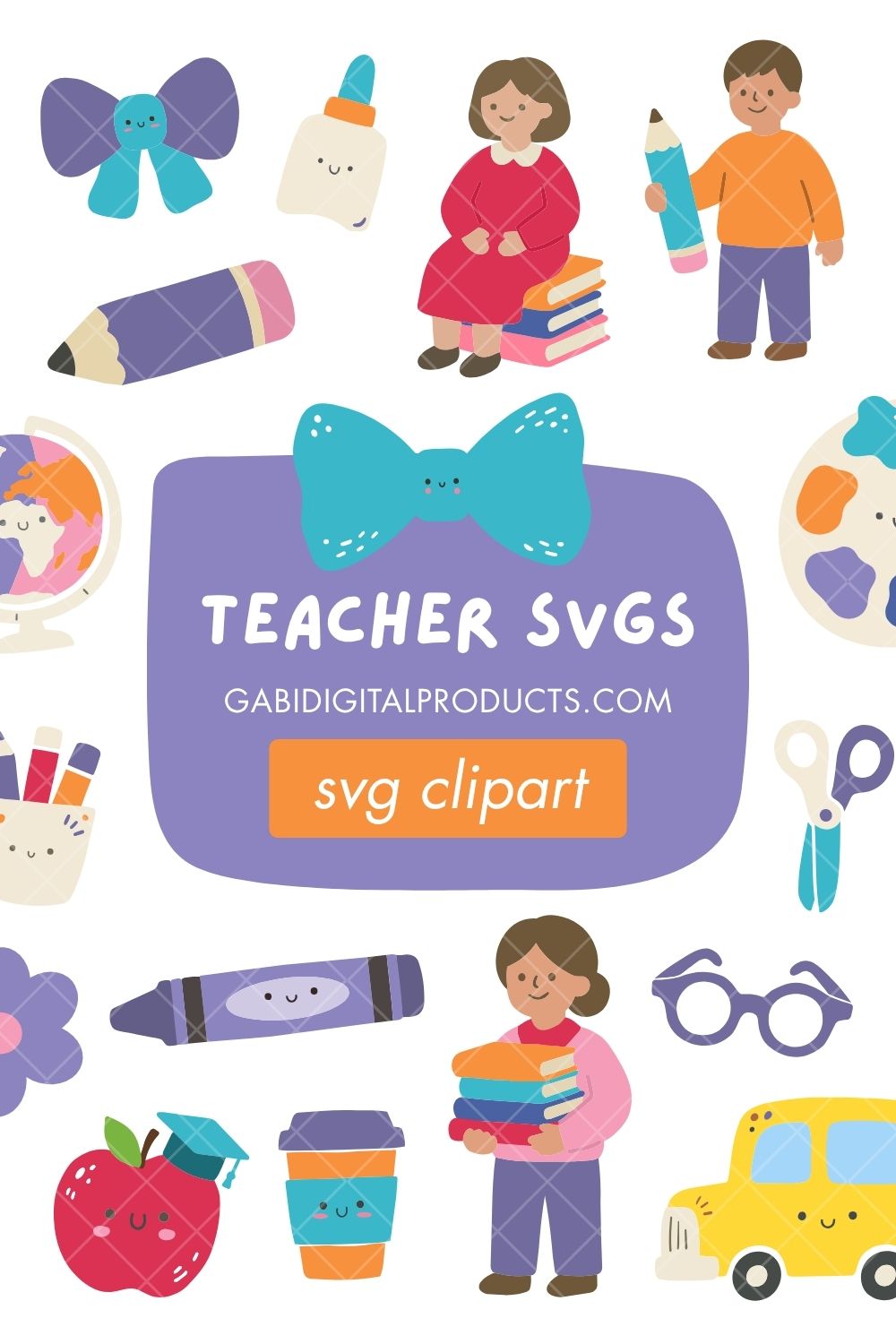 Teacher SVG files for cricut bundle vector clipart featuring cute school supplies, teacher characters, bows, and books in preppy pastel style