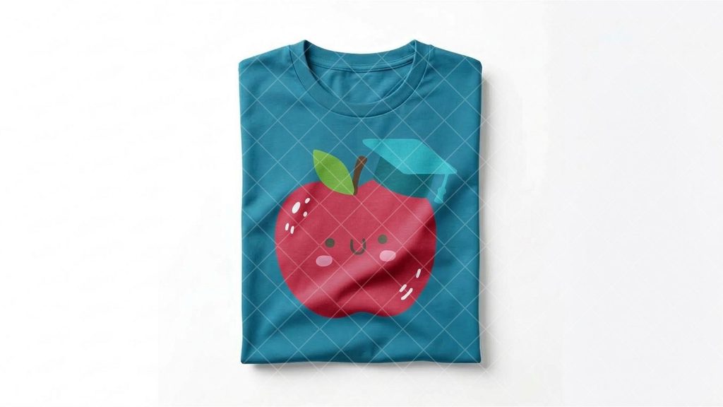 Folded teal t-shirt featuring a cute red apple graphic wearing a graduation cap, created with teacher SVG files for Cricut.