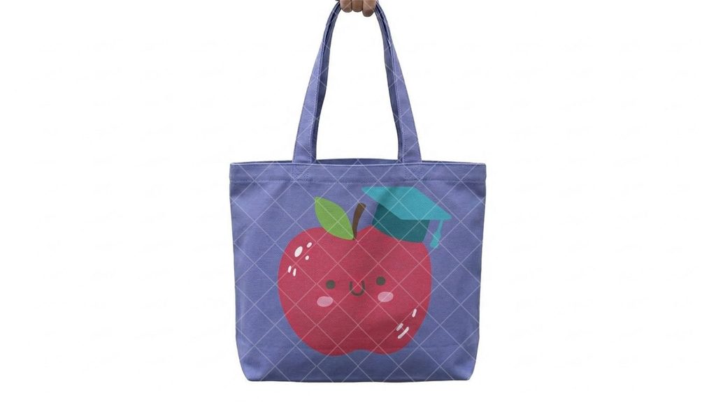 Periwinkle canvas tote bag printed with a cute apple and graduation cap graphic made using teacher SVG files for Cricut.