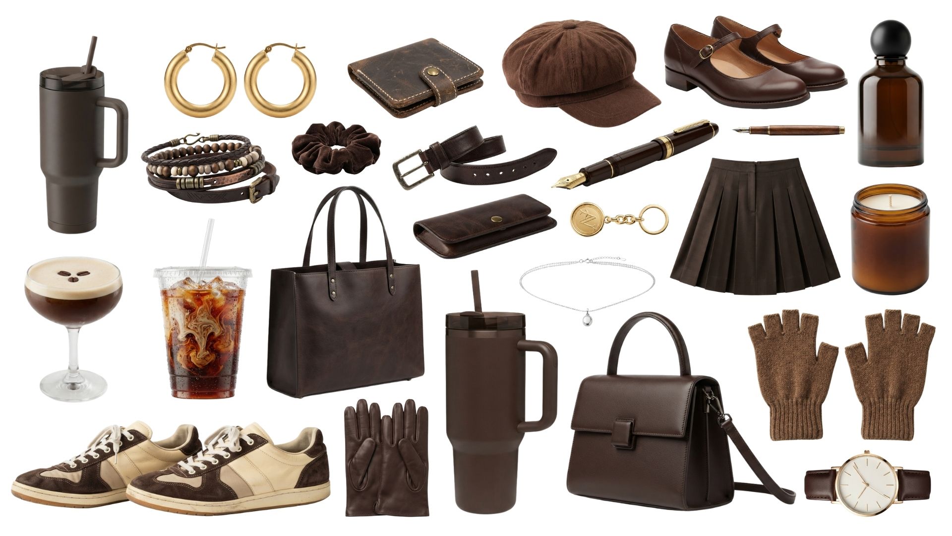 Dark academia aesthetic PNG cutout bundle on a clean white background, featuring transparent-style fashion elements including brown leather bags, iced lattes, loafers, sneakers, gold hoop earrings, a pleated skirt, candles, and insulated tumblers.