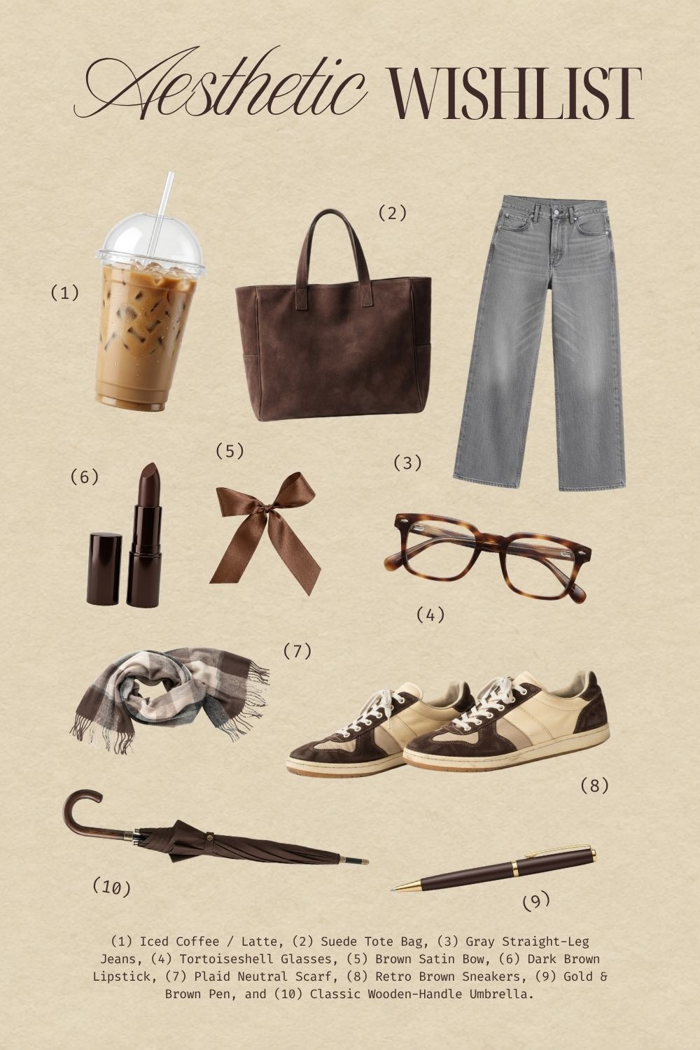 Aesthetic wishlist fashion collage template layout featuring numbered PNG elements including an iced latte, brown suede tote bag, gray jeans, tortoiseshell glasses, brown satin bow, dark lipstick, plaid scarf, retro sneakers, brown pen, and a umbrella on a beige background.