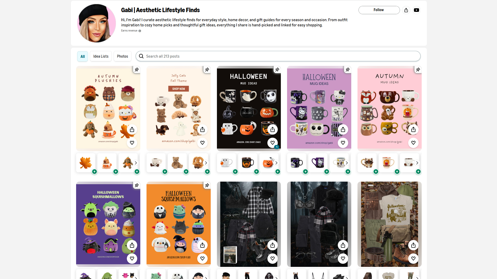 Screenshot of the Gabi | Aesthetic Lifestyle Finds Amazon storefront profile, featuring curated thematic product collages showcasing autumn plushies, Halloween mugs, and outfit inspiration boards with shopping links.