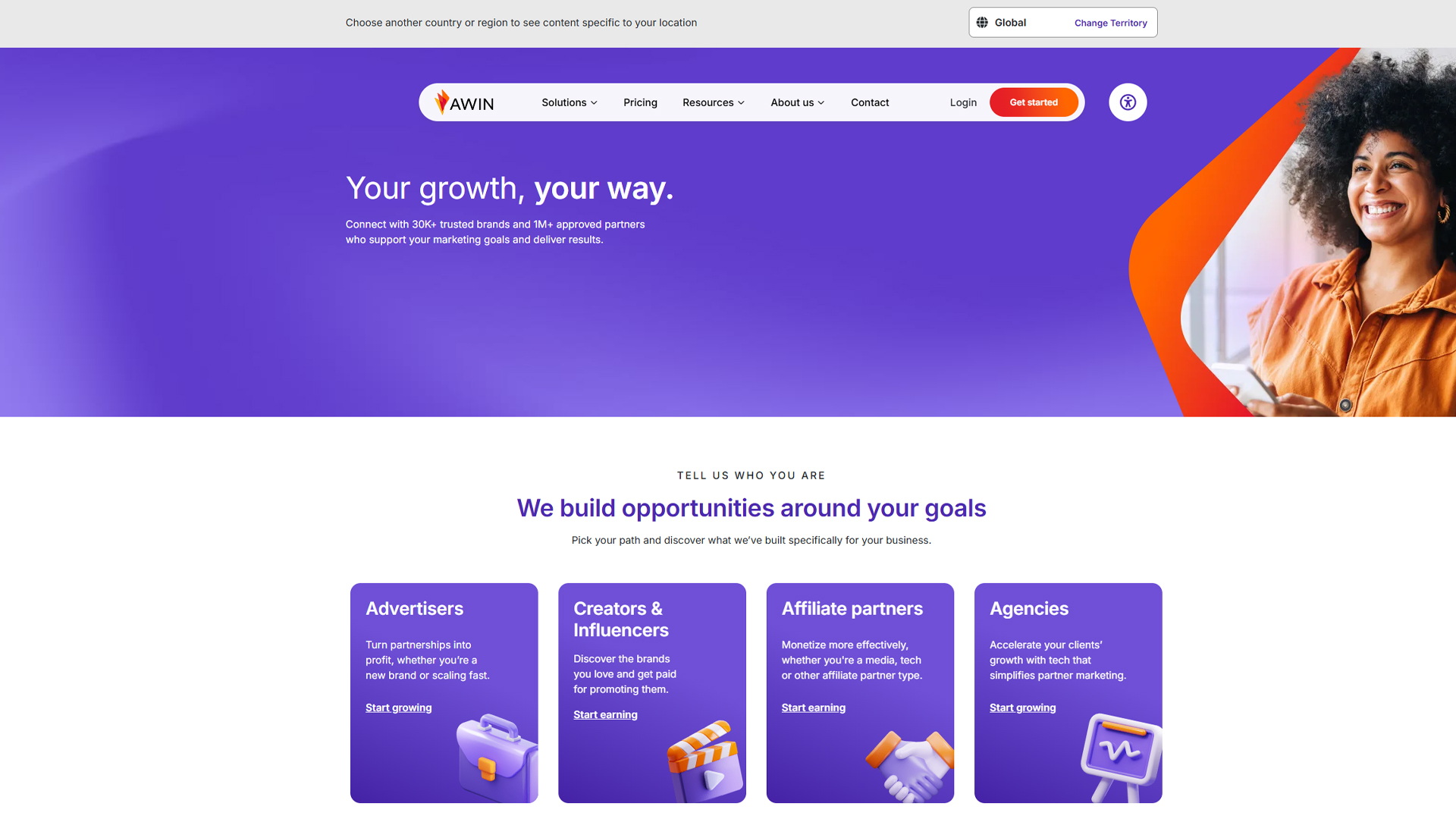 Screenshot of the AWIN affiliate network homepage featuring the headline “Your growth, your way.”, navigation menus, and four cards for advertisers, creators and influencers, affiliate partners, and agencies.