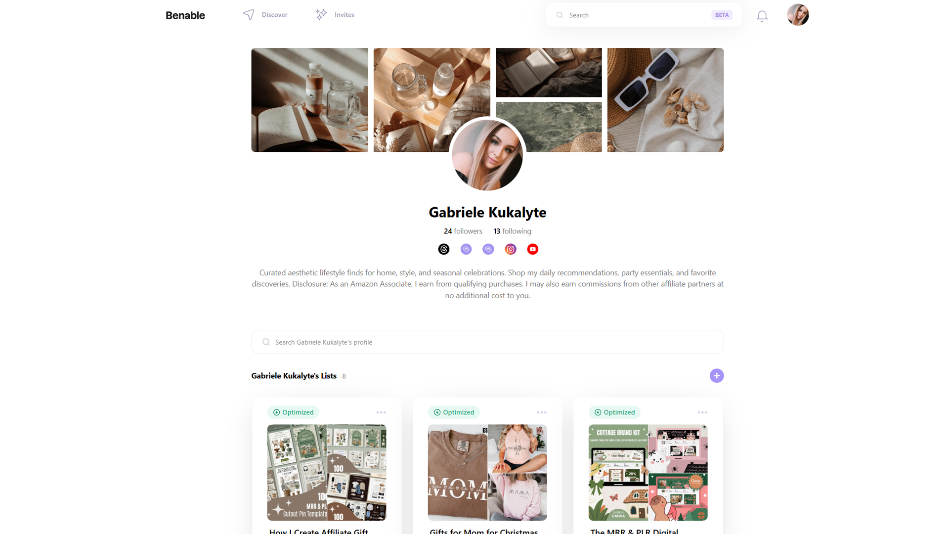 Screenshot of the Benable profile page for Gabriele Kukalyte, featuring a neutral-toned aesthetic header, social links, bio description, and optimized curated recommendation lists including gift guides and digital product templates.