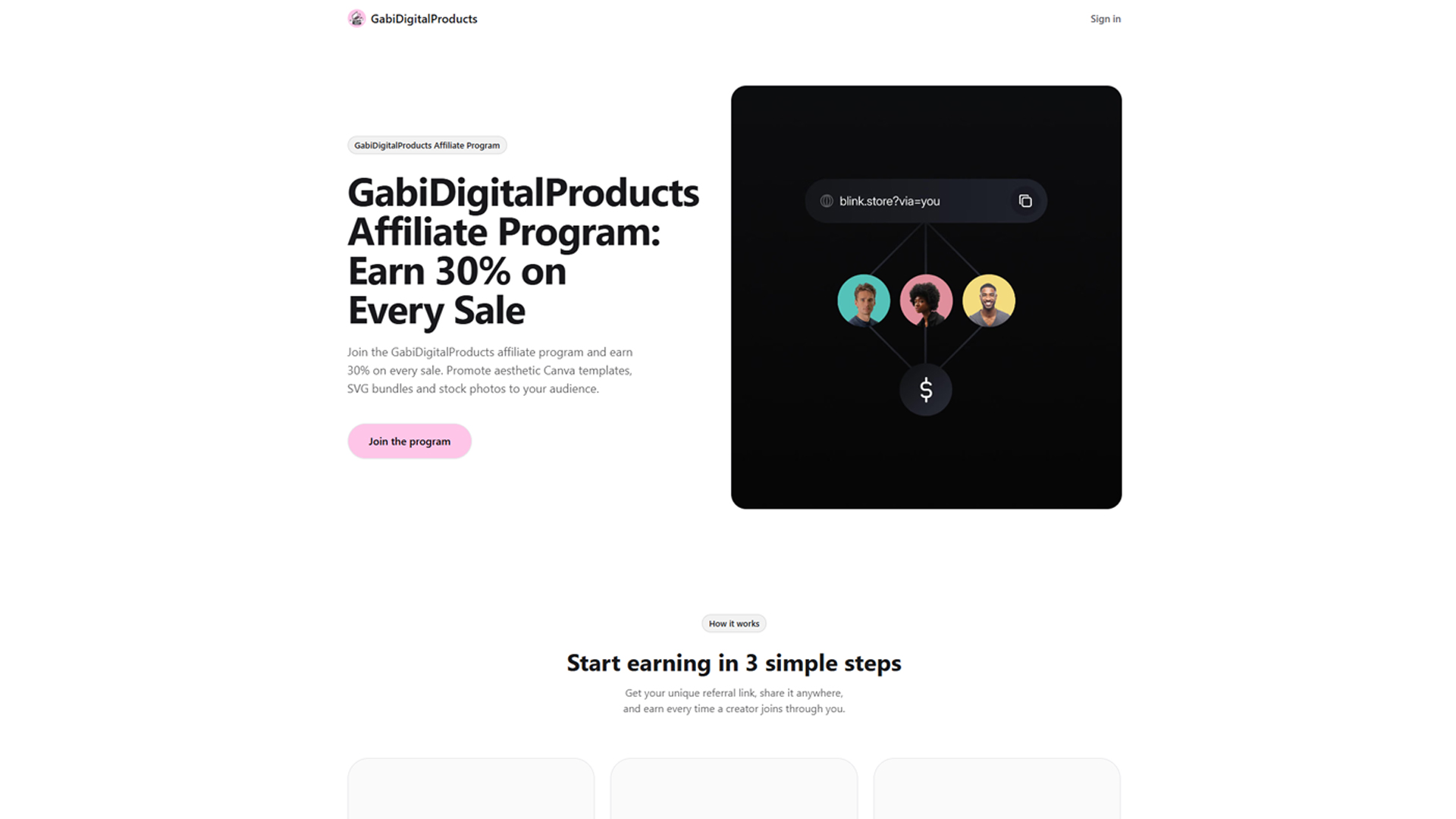 Screenshot of the GabiDigitalProducts affiliate program website, one of the best affiliate programs for Pinterest, featuring the headline text “GabiDigitalProducts Affiliate Program: Earn 30% on Every Sale”, a “Join the program” call-to-action button, and an illustration showcasing three user profile avatars and a dollar symbol.