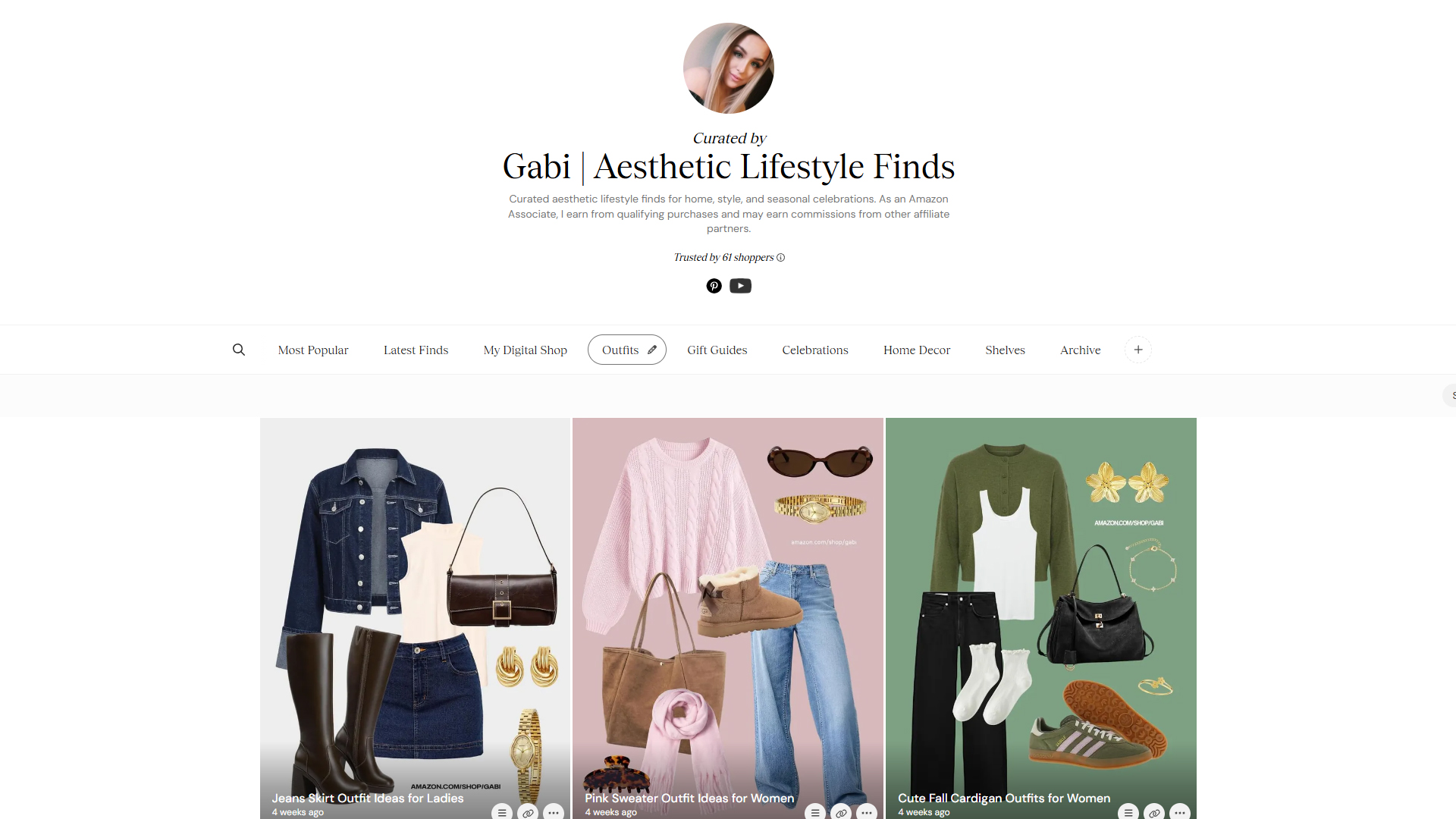 Screenshot of the Gabi | Aesthetic Lifestyle Finds curated storefront profile on ShopMy, one of the best affiliate programs for Pinterest, featuring three curated outfit inspiration boards showcasing denim skirt looks, a pink sweater set, and a green fall cardigan look with shopping links.