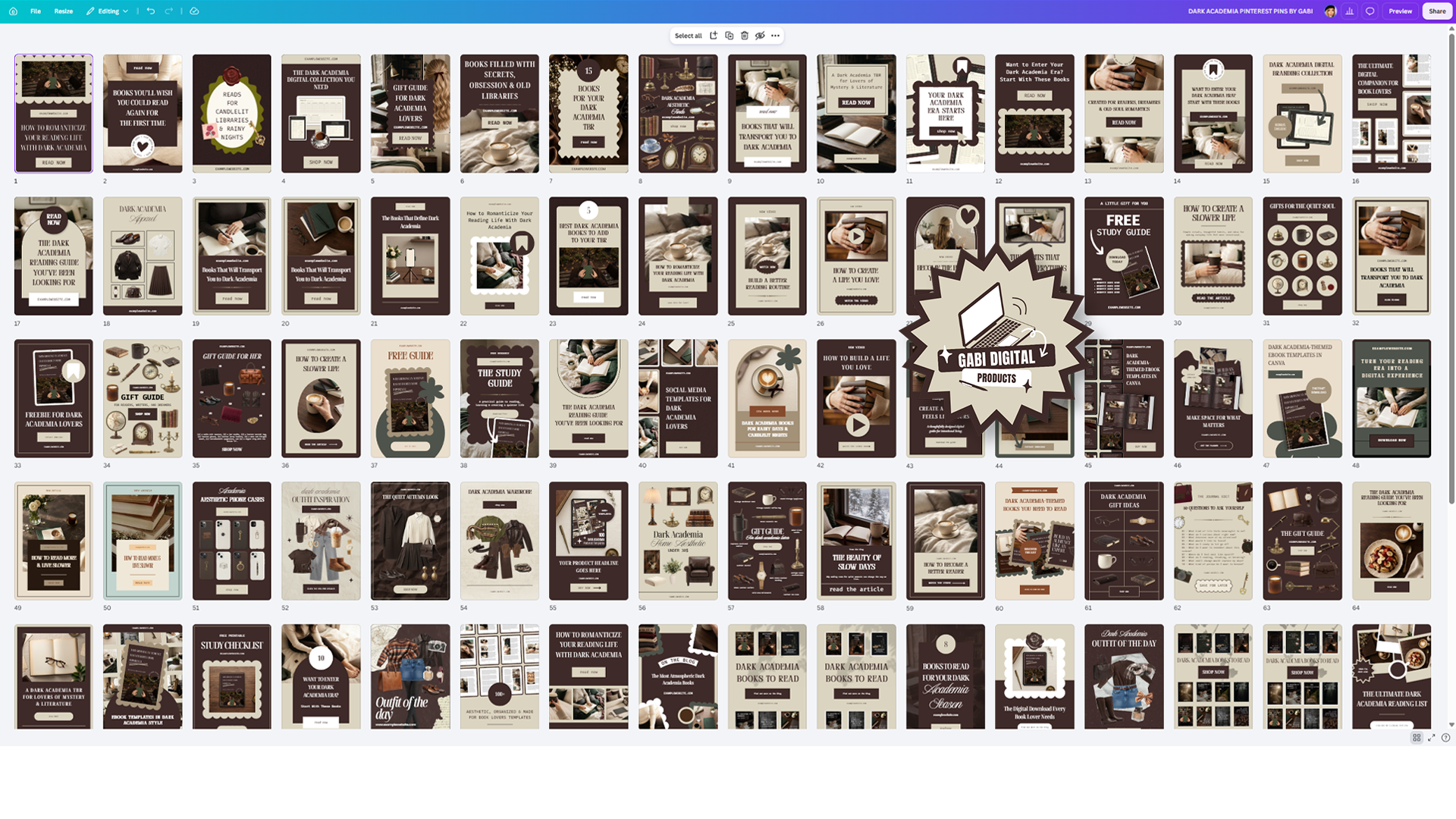 Screenshot of the Canva editor showing a grid of dark academia book blog pin templates, with moody brown and beige layouts for book recommendations, reading lists, outfit ideas and study guides.