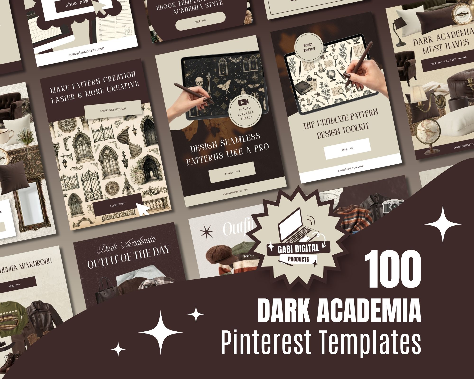 Product grid of 100 dark academia Canva Pinterest pin templates for book blogs, with moody brown and cream layouts for book guides, collages and digital toolkits, and a Gabi Digital Products logo badge.